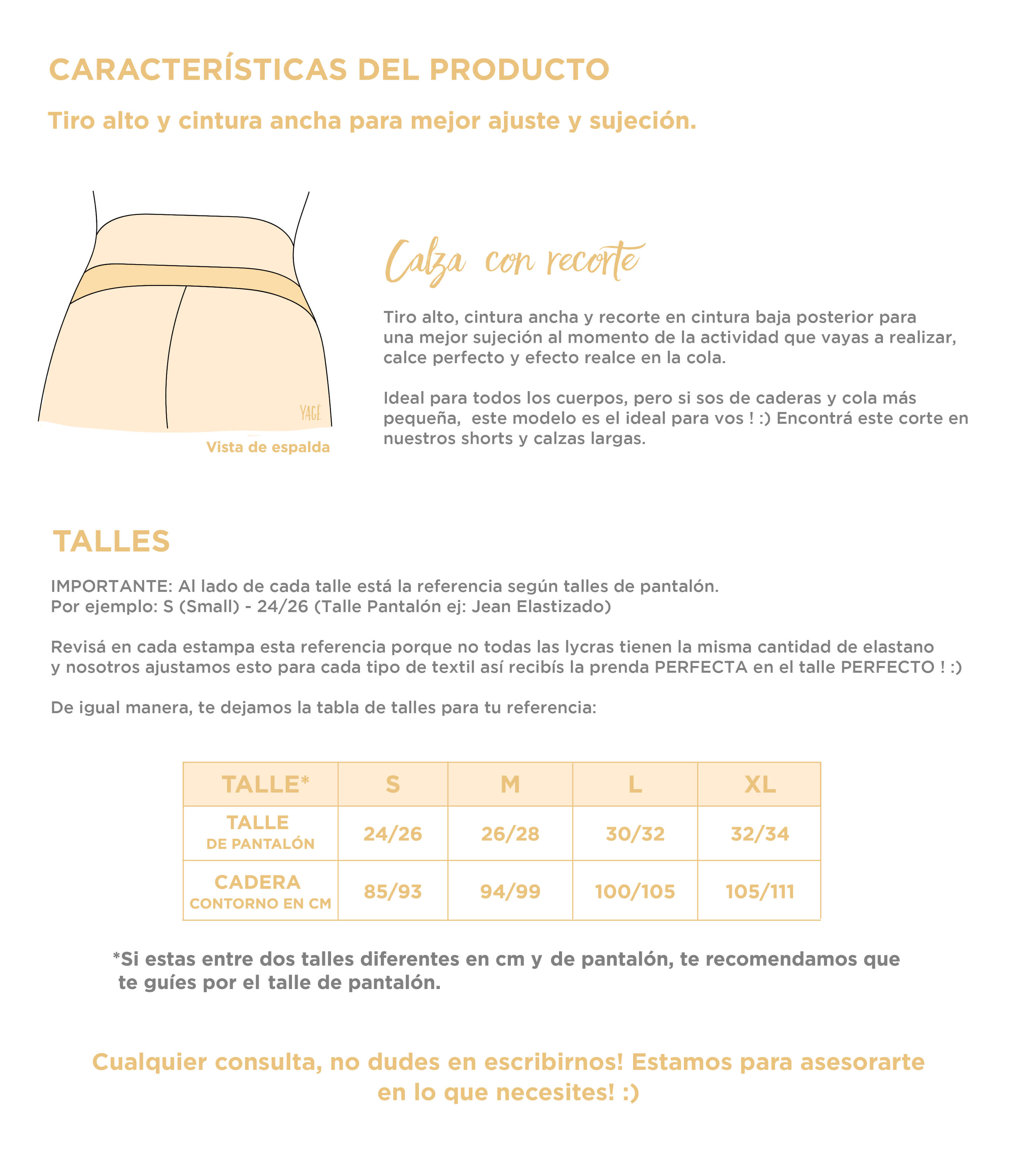 YAGÉ Calzas Cortas Shorts - Tabla de Talles - Mujer